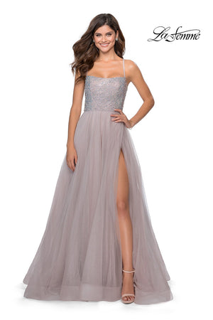 La Femme 28530 prom dress images.  La Femme 28530 is available in these colors: Mauve, Nude, Pale Yellow, Silver.