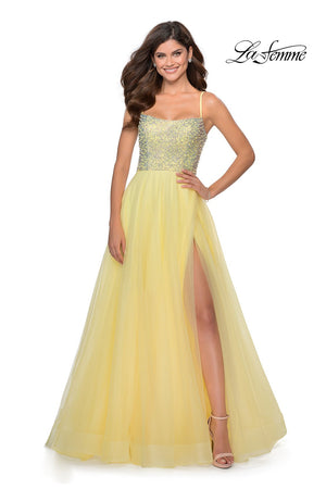 La Femme 28530 prom dress images.  La Femme 28530 is available in these colors: Mauve, Nude, Pale Yellow, Silver.