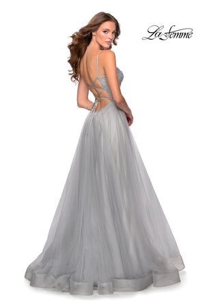 La Femme 28530 prom dress images.  La Femme 28530 is available in these colors: Mauve, Nude, Pale Yellow, Silver.