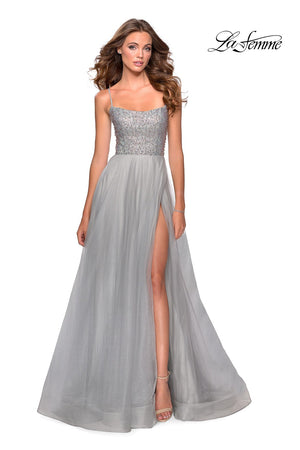 La Femme 28530 prom dress images.  La Femme 28530 is available in these colors: Mauve, Nude, Pale Yellow, Silver.