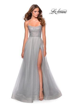 La Femme 28530 prom dress images.  La Femme 28530 is available in these colors: Mauve, Nude, Pale Yellow, Silver.