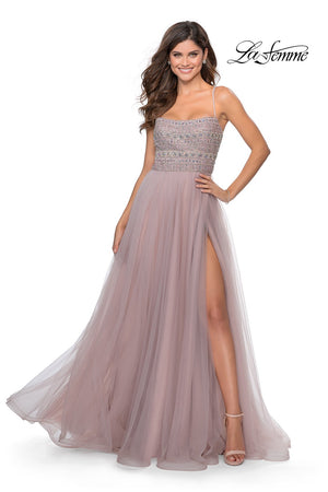 La Femme 28535 prom dress images.  La Femme 28535 is available in these colors: Black, Mauve, Silver.