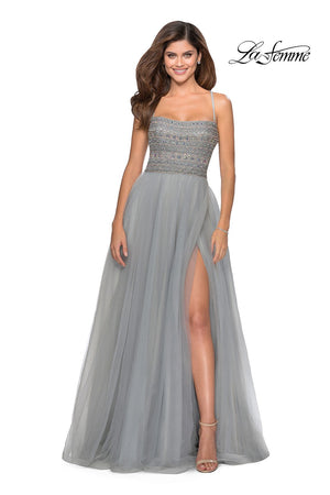 La Femme 28535 prom dress images.  La Femme 28535 is available in these colors: Black, Mauve, Silver.