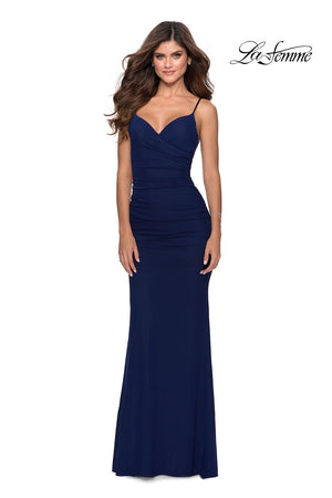 La Femme 28541 prom dress images.  La Femme 28541 is available in these colors: Burgundy, Emerald, Navy, Pale Yellow.