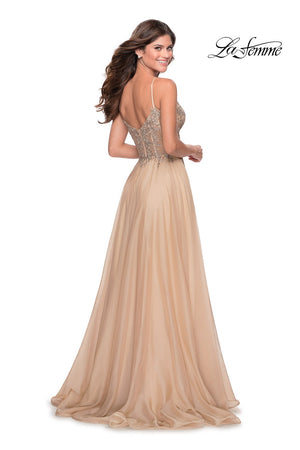 La Femme 28543 prom dress images.  La Femme 28543 is available in these colors: Cloud Blue, Garnet, Nude.