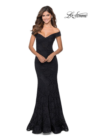 La Femme 28545 prom dress images.  La Femme 28545 is available in these colors: Black, Emerald, Red, Royal Blue, White.