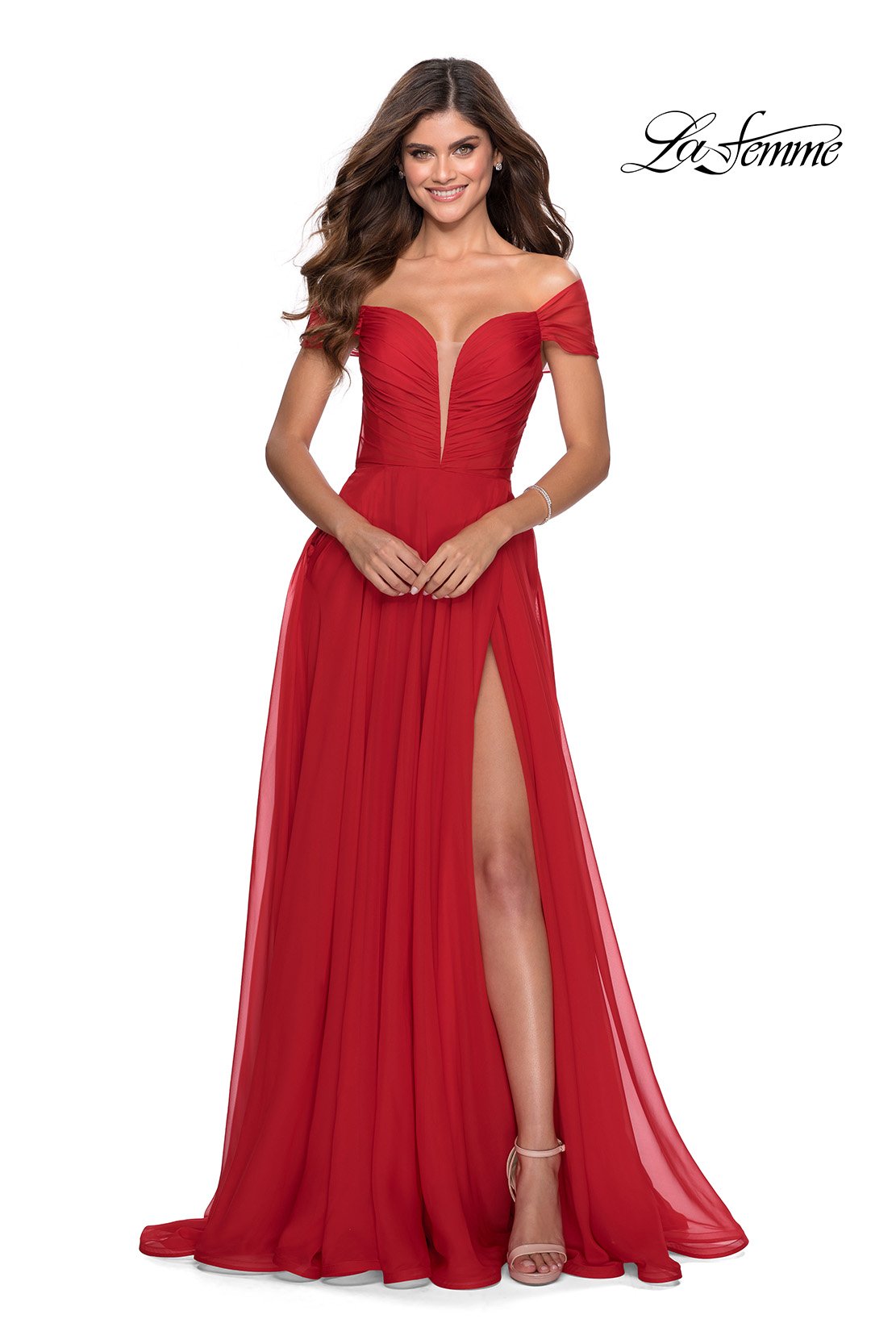 La Femme 28546 prom dress images.  La Femme 28546 is available in these colors: Red, Royal Blue, Yellow.