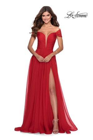La Femme 28546 prom dress images.  La Femme 28546 is available in these colors: Red, Royal Blue, Yellow.