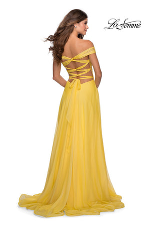 La Femme 28546 prom dress images.  La Femme 28546 is available in these colors: Red, Royal Blue, Yellow.