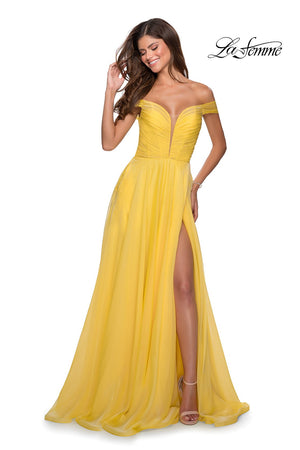 La Femme 28546 prom dress images.  La Femme 28546 is available in these colors: Red, Royal Blue, Yellow.