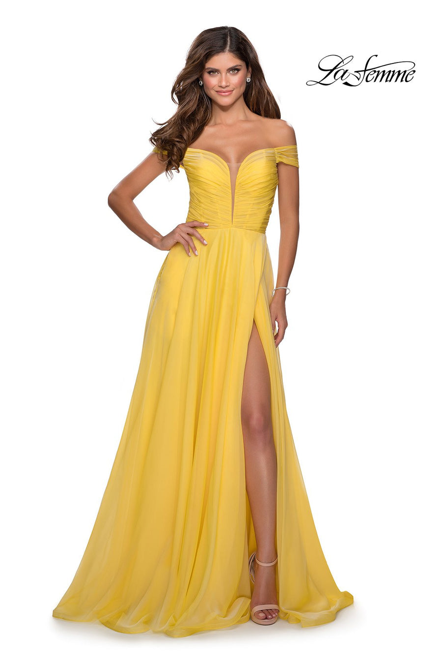 La Femme 28546 prom dress images.  La Femme 28546 is available in these colors: Red, Royal Blue, Yellow.