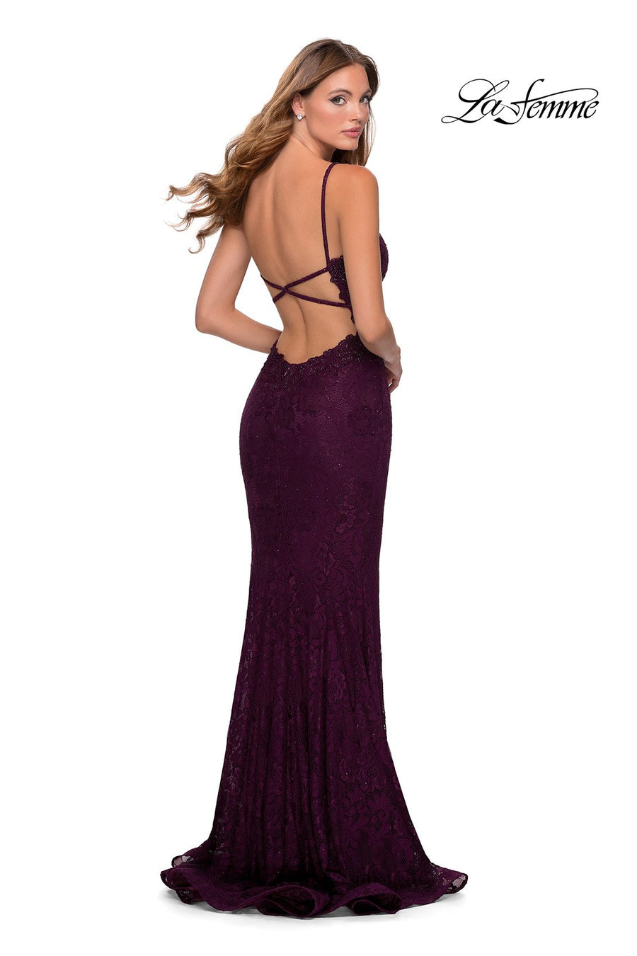 La Femme 28556 prom dress images.  La Femme 28556 is available in these colors: Dark Berry, Navy, Pale Yellow.
