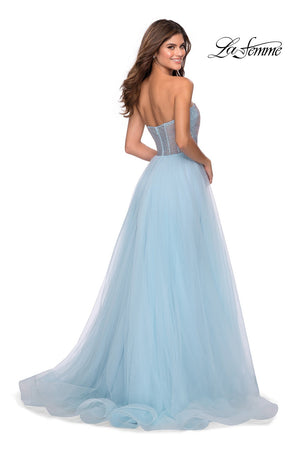 La Femme 28559 prom dress images.  La Femme 28559 is available in these colors: Light Blue, Lilac Mist, Peach, Yellow.