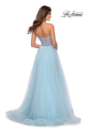 La Femme 28559 prom dress images.  La Femme 28559 is available in these colors: Light Blue, Lilac Mist, Peach, Yellow.