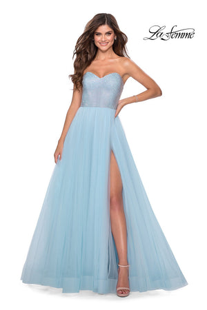La Femme 28559 prom dress images.  La Femme 28559 is available in these colors: Light Blue, Lilac Mist, Peach, Yellow.