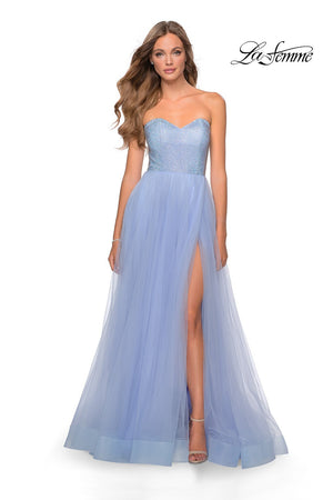 La Femme 28559 prom dress images.  La Femme 28559 is available in these colors: Light Blue, Lilac Mist, Peach, Yellow.