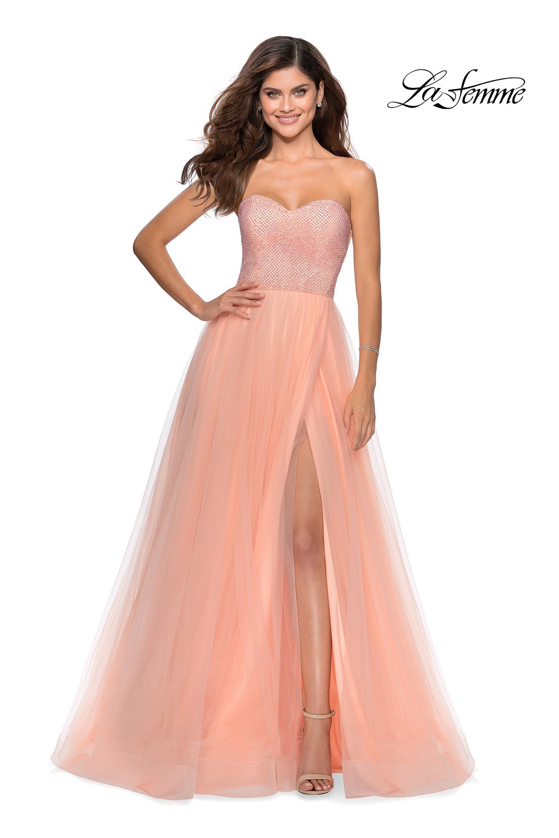 La Femme 28559 prom dress images.  La Femme 28559 is available in these colors: Light Blue, Lilac Mist, Peach, Yellow.