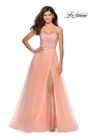 La Femme 28559 prom dress images.  La Femme 28559 is available in these colors: Light Blue, Lilac Mist, Peach, Yellow.