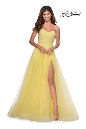 La Femme 28559 prom dress images.  La Femme 28559 is available in these colors: Light Blue, Lilac Mist, Peach, Yellow.