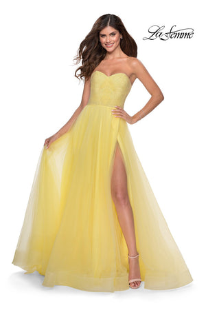 La Femme 28559 prom dress images.  La Femme 28559 is available in these colors: Light Blue, Lilac Mist, Peach, Yellow.