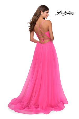 La Femme 28561 prom dress images.  La Femme 28561 is available in these colors: Neon Pink, Royal Blue, Yellow.