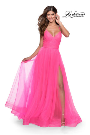 La Femme 28561 prom dress images.  La Femme 28561 is available in these colors: Neon Pink, Royal Blue, Yellow.