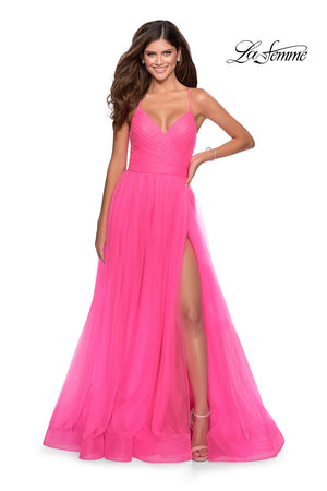 La Femme 28561 prom dress images.  La Femme 28561 is available in these colors: Neon Pink, Royal Blue, Yellow.