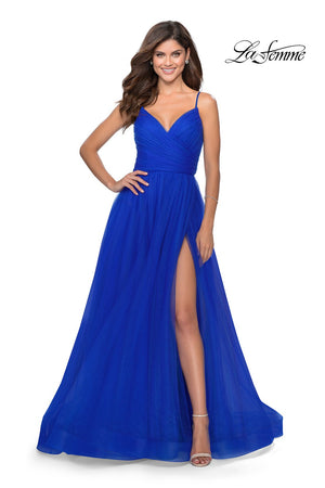 La Femme 28561 prom dress images.  La Femme 28561 is available in these colors: Neon Pink, Royal Blue, Yellow.