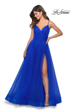 La Femme 28561 prom dress images.  La Femme 28561 is available in these colors: Neon Pink, Royal Blue, Yellow.