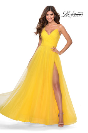 La Femme 28561 prom dress images.  La Femme 28561 is available in these colors: Neon Pink, Royal Blue, Yellow.