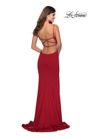 La Femme 28567 prom dress images.  La Femme 28567 is available in these colors: Black, Red, Royal Blue.