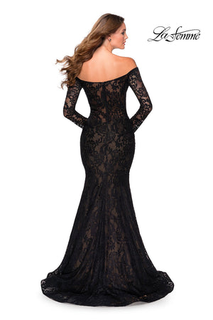 La Femme 28569 prom dress images.  La Femme 28569 is available in these colors: Black, Red, Royal Blue, White Nude.