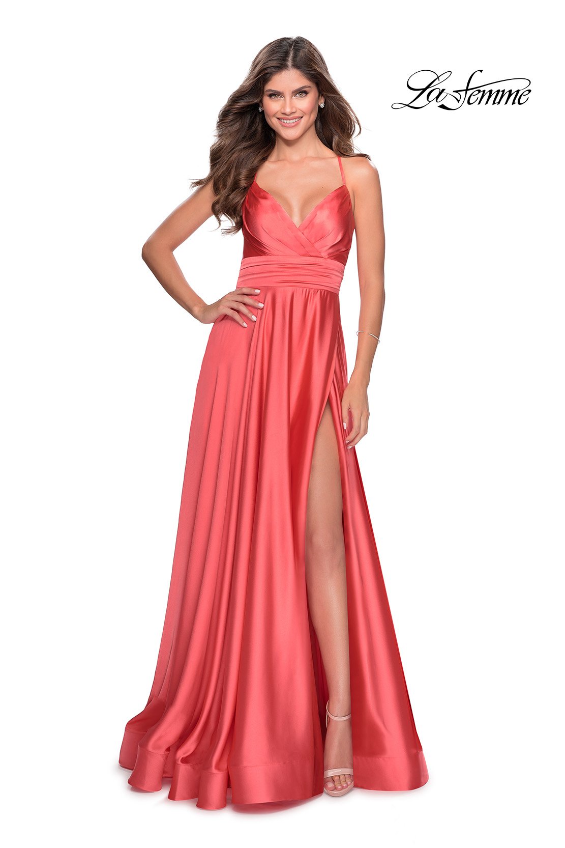 La Femme 28571 prom dress images.  La Femme 28571 is available in these colors: Coral, Royal Blue, Teal, Wine, Yellow.