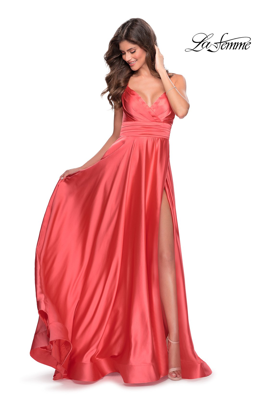 La Femme 28571 prom dress images.  La Femme 28571 is available in these colors: Coral, Royal Blue, Teal, Wine, Yellow.