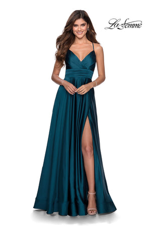 La Femme 28571 prom dress images.  La Femme 28571 is available in these colors: Coral, Royal Blue, Teal, Wine, Yellow.