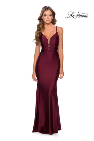 La Femme 28574 prom dress images.  La Femme 28574 is available in these colors: Dark Berry, Light Periwinkle, Red, Royal Blue, Royal Purple.
