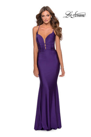 La Femme 28574 prom dress images.  La Femme 28574 is available in these colors: Dark Berry, Light Periwinkle, Red, Royal Blue, Royal Purple.