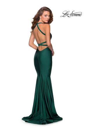 La Femme 28579 prom dress images.  La Femme 28579 is available in these colors: Emerald, Navy, Royal Purple.