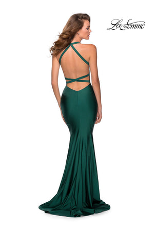 La Femme 28579 prom dress images.  La Femme 28579 is available in these colors: Emerald, Navy, Royal Purple.