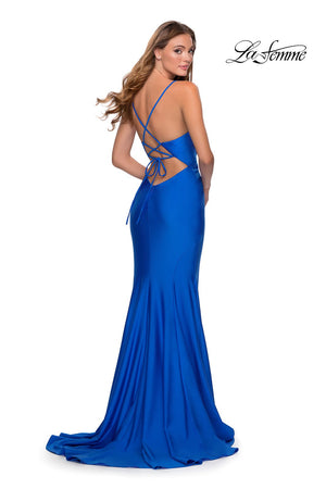 La Femme 28581 prom dress images.  La Femme 28581 is available in these colors: Burgundy, Royal Blue.