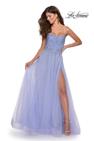 La Femme 28583 prom dress images.  La Femme 28583 is available in these colors: Lilac Mist, Mint, Pale Yellow.