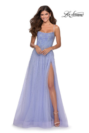La Femme 28583 prom dress images.  La Femme 28583 is available in these colors: Lilac Mist, Mint, Pale Yellow.