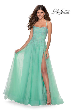 La Femme 28583 prom dress images.  La Femme 28583 is available in these colors: Lilac Mist, Mint, Pale Yellow.