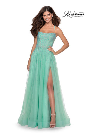 La Femme 28583 prom dress images.  La Femme 28583 is available in these colors: Lilac Mist, Mint, Pale Yellow.