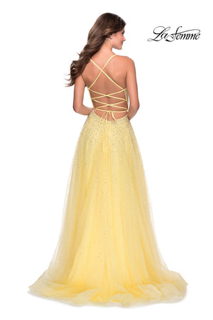 La Femme 28583 prom dress images.  La Femme 28583 is available in these colors: Lilac Mist, Mint, Pale Yellow.