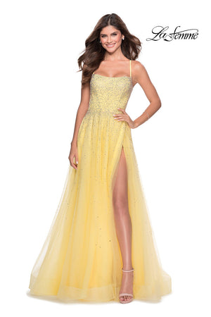 La Femme 28583 prom dress images.  La Femme 28583 is available in these colors: Lilac Mist, Mint, Pale Yellow.