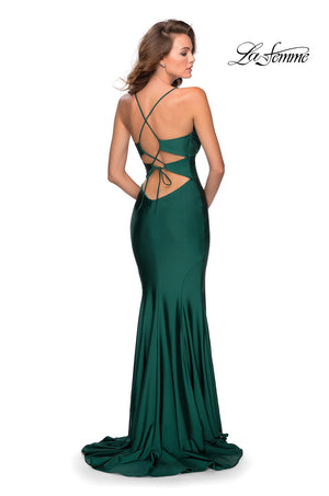 La Femme 28584 prom dress images.  La Femme 28584 is available in these colors: Emerald, Royal Blue, White.