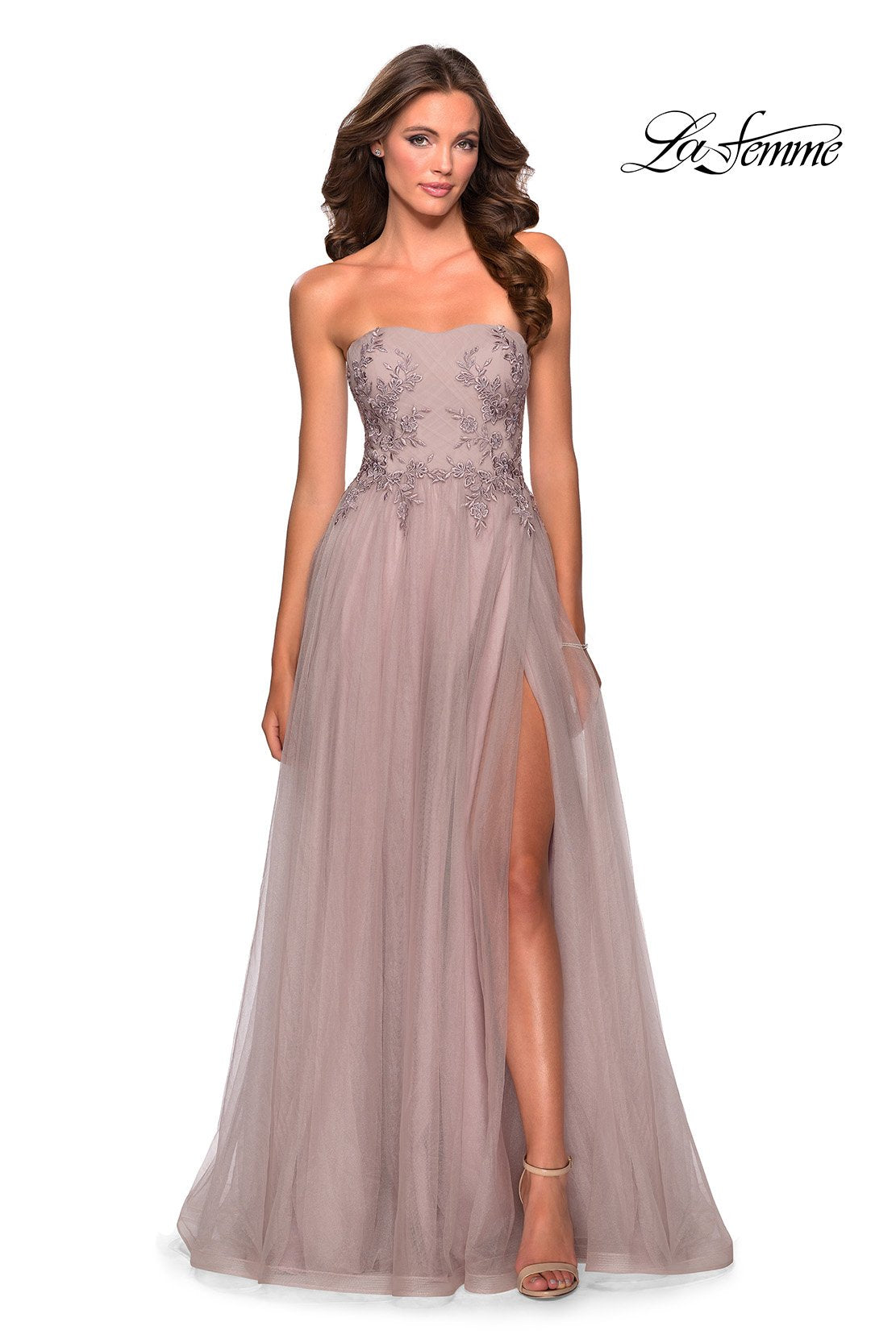 La Femme 28586 prom dress images.  La Femme 28586 is available in these colors: Cloud Blue, Dusty Mauve.