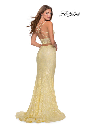 La Femme 28590 prom dress images.  La Femme 28590 is available in these colors: Pale Yellow, Periwinkle, Red.