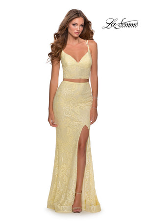 La Femme 28590 prom dress images.  La Femme 28590 is available in these colors: Pale Yellow, Periwinkle, Red.